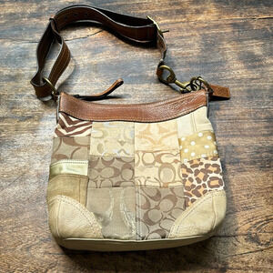 COACH Patchwork Top Zip Convertible crossbody Tote Shoulder Bag tan Lining